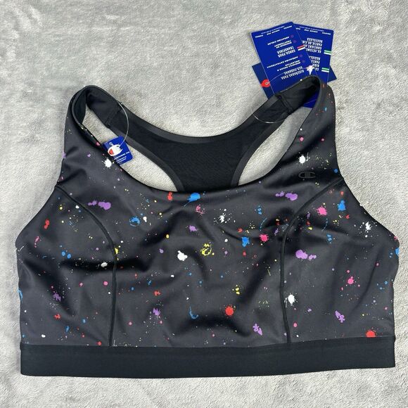 Champion Sports Bra‎ Women 1X Black Paint Splatter Athletic Moderate Support - Picture 1 of 12